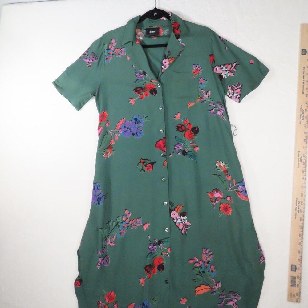 The Maeve Anthropologie XS Green Floral Short Sleeve Button Down Midi Shirt Dres